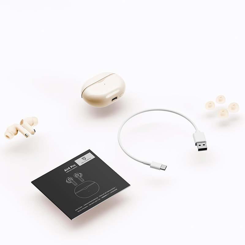 conteúdo da caixa dos auscultadores SoundPEATS Air 4 Pro ANC Bege