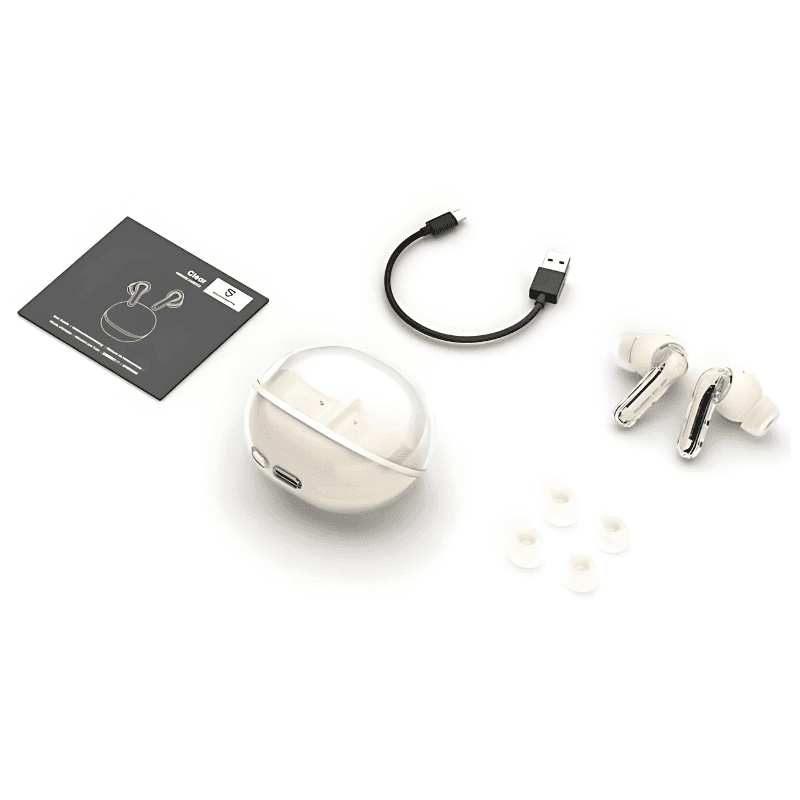 Conteúdo da caixa dos Auscultadores SoundPEATS Clear Beige