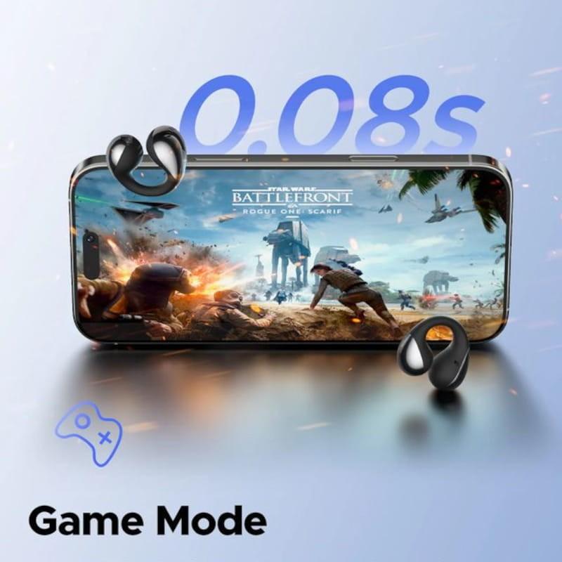 SoundPeats PearlClip Pro Hi-Res Audio LDAC Roxo com earbuds em formato clip, acabamento brilhante roxo e destaque Game Mode 0,08 s ao lado de smartphone