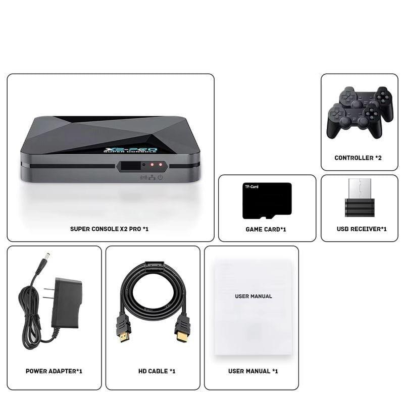 Conteúdo da caixa de Super Console X2 Pro 2GB/8GB Triple OS + Cartão de 64GB - Consola Retro