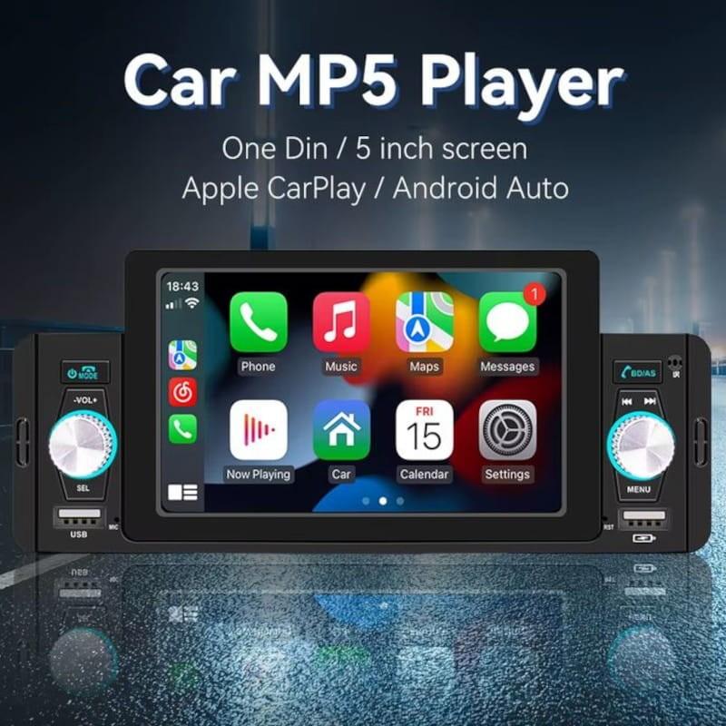 Frontal de Autorradio 1 DIN SWM 160W 5 pulgadas Bluetooth/Carplay/Android Auto inalámbrico/USB Negro