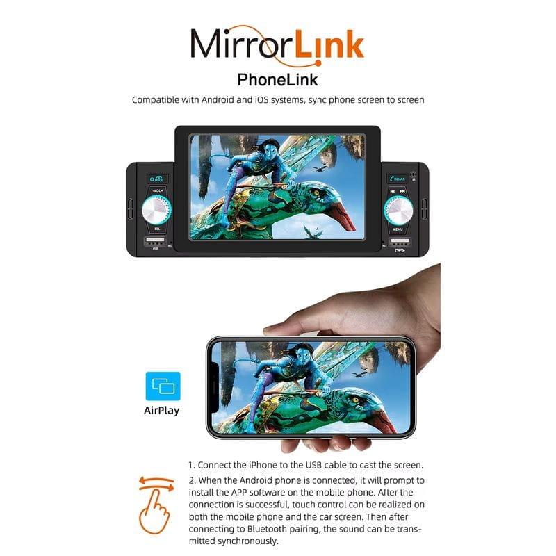 MirrorLink de Autorradio 1 DIN SWM 160W 5 pulgadas Bluetooth/Carplay/Android Auto inalámbrico/USB Negro