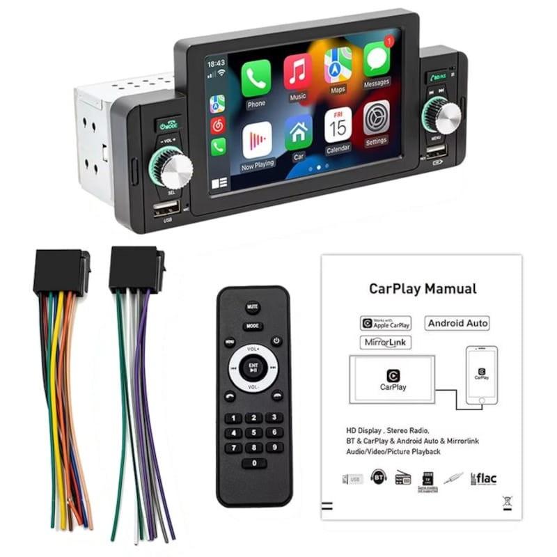 Contenido de la caja de Autorradio 1 DIN SWM 160W 5 pulgadas Bluetooth/Carplay/Android Auto inalámbrico/USB Negro