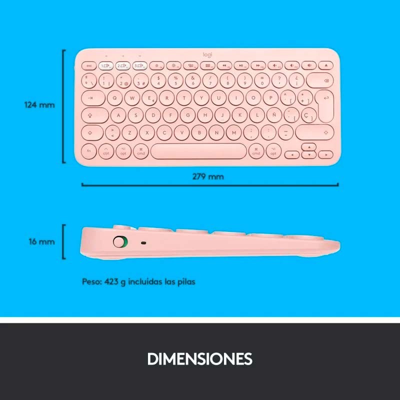 dimensiones del Teclado Inalámbrico Logitech K380 Rosa ES Layout