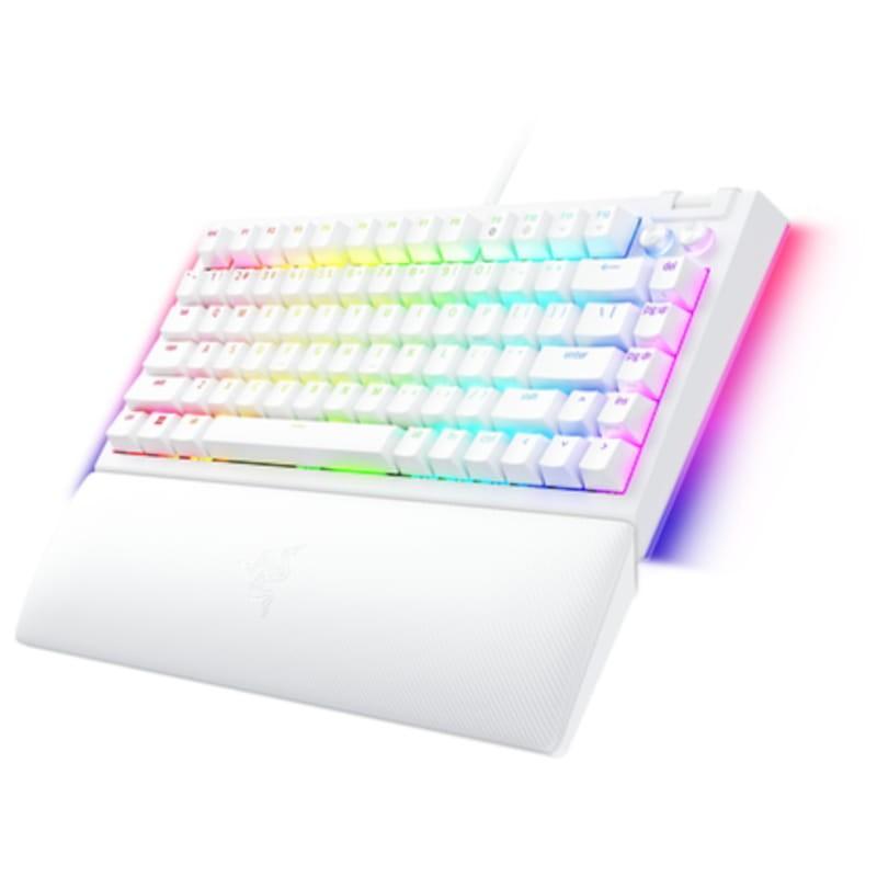 Teclado mecânico para jogos Razer BlackWidow V4 75% USB QWERTY branco em inglês Vista frontal lado direito com descanso para pulso