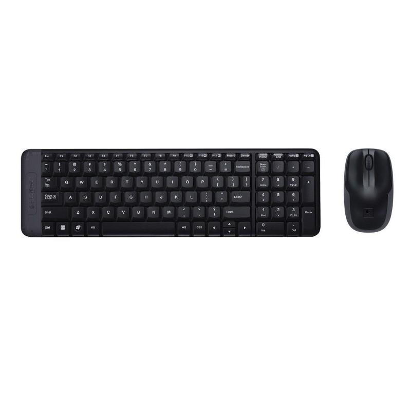 Teclado de membrana sem fio compacto preto com teclas baixas e numéricas, acompanhado por rato preto ergonômico com rolagem central e receptor USB discreto