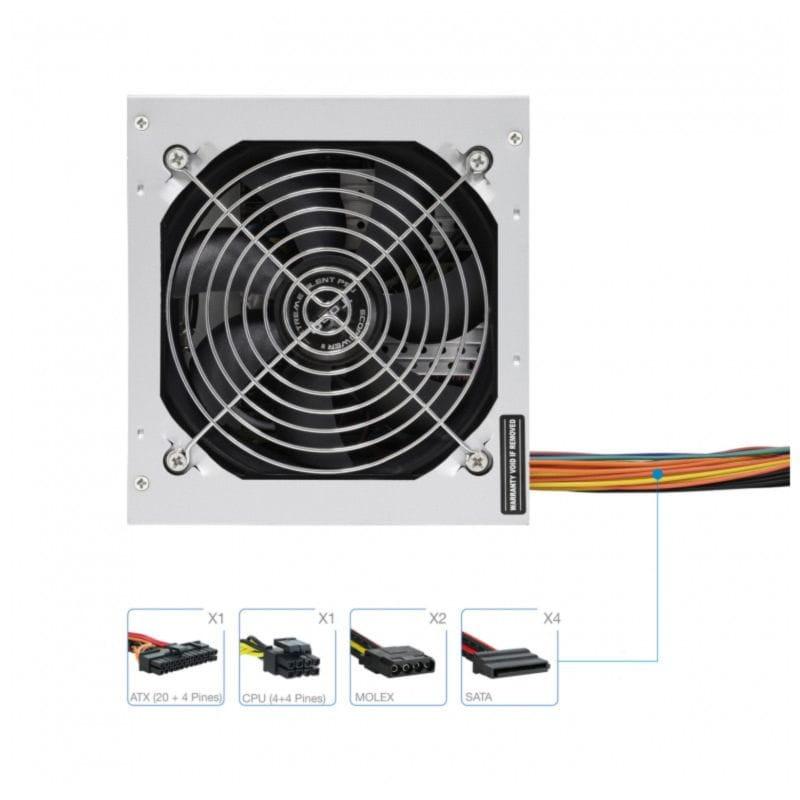 Vista frontal y detalle de las conexiones de la Fuente de alimentación TooQ Fonte Ecopower II 500W Plata