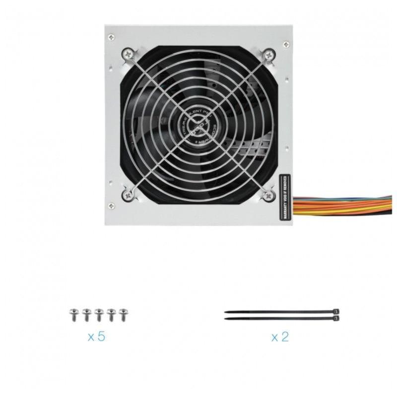 Vista frontal y accesorios de la Fuente de alimentación TooQ Fonte Ecopower II 500W Plata