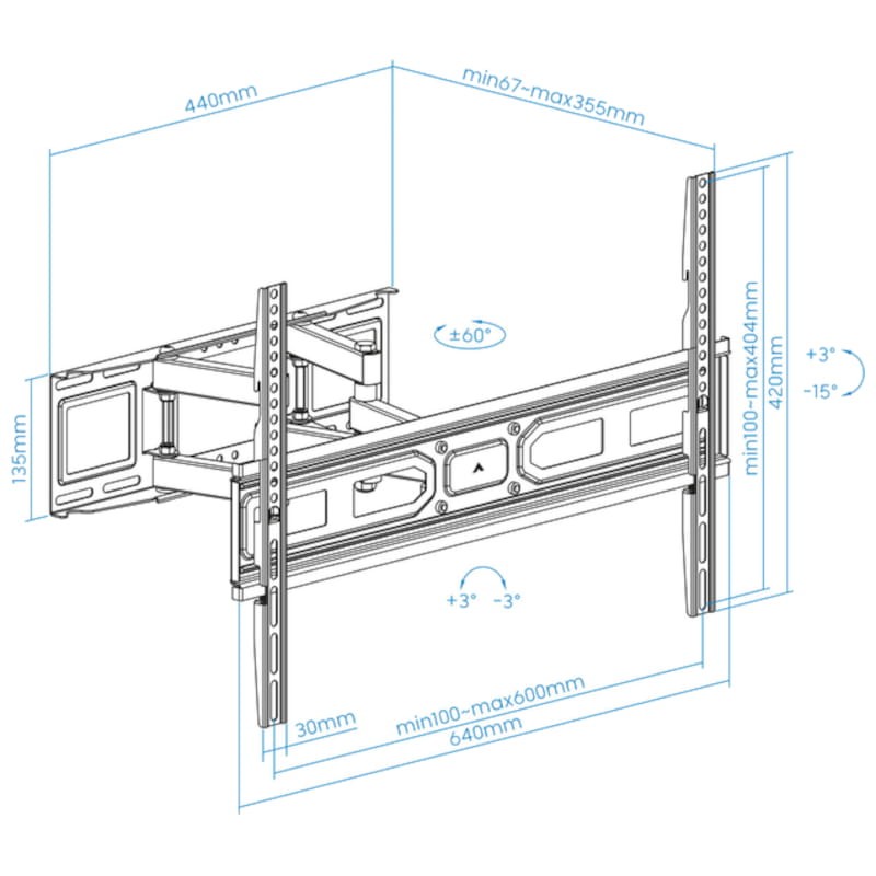 Soporte TV TooQ LP7866TN-B giratorio e inclinable 37- 80 VESA 600x400 mm Negro Dimensiones