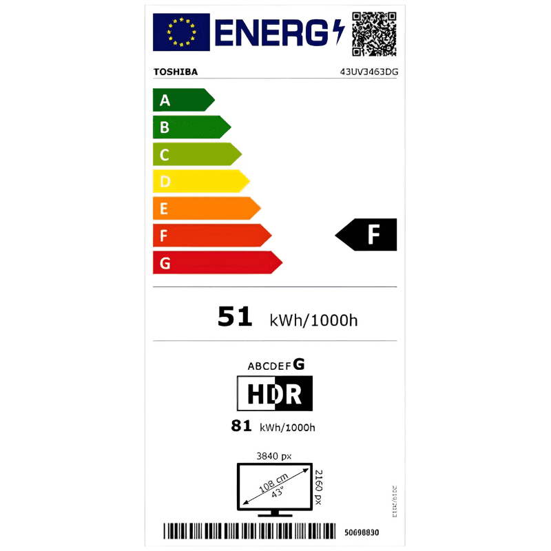 Etiqueta energética del Televisor Toshiba 43UV3463DG 43 4K UHD Smart TV Negro