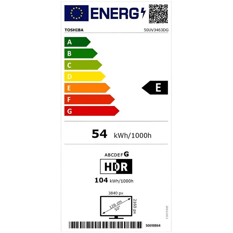 Etiqueta energética del Televisor Toshiba 50UV3463DG 50 4K UHD Smart TV Negro