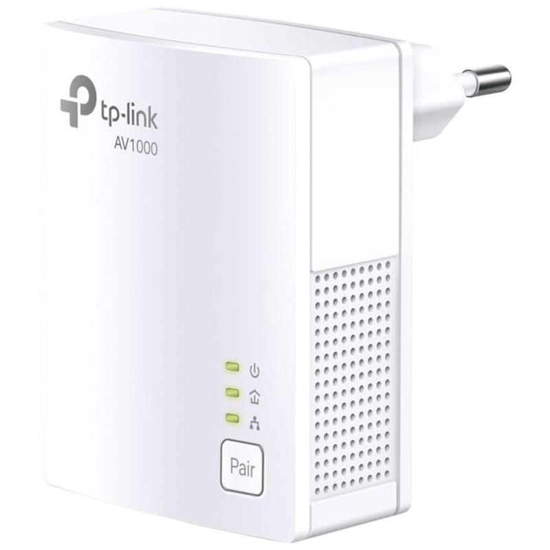 Adaptador Powerline TP-Link TL-PA7017 blanco, enchufe europeo, LED de estado, botón Pair, ventilación lateral y puerto Ethernet para red cableada AV1000
