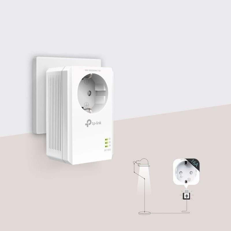 TP-Link PowerLine TL-PA7017P KIT adaptador Ethernet blanco con enchufe passthrough, LEDs de estado y diseño compacto para toma de pared