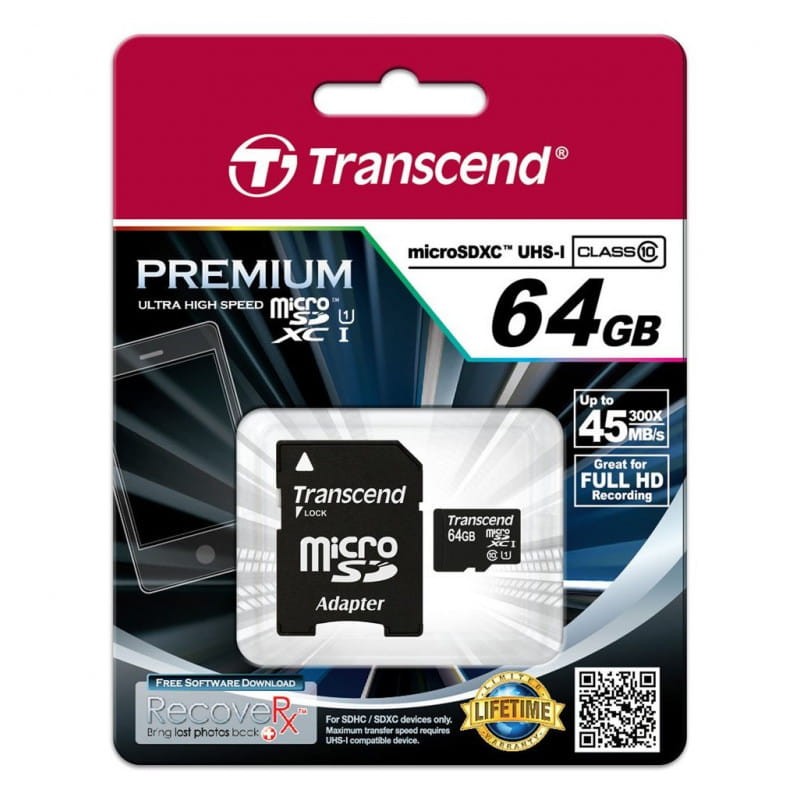 Transcend TS64GUSDU1 64 GB Classe 10 UHS-I U1 MLC NAND Preto / Vermelho - Cartão microSD pacote
