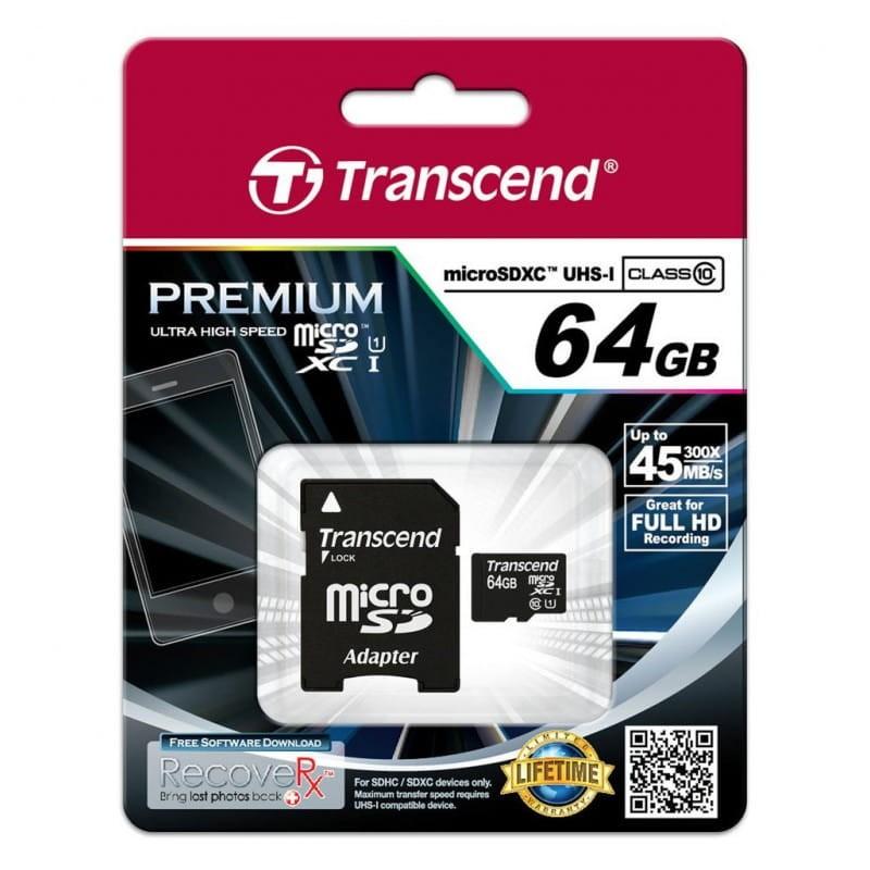 Transcend TS64GUSDU1 64 GB Classe 10 UHS-I U1 MLC NAND Preto / Vermelho - Cartão microSD pacote