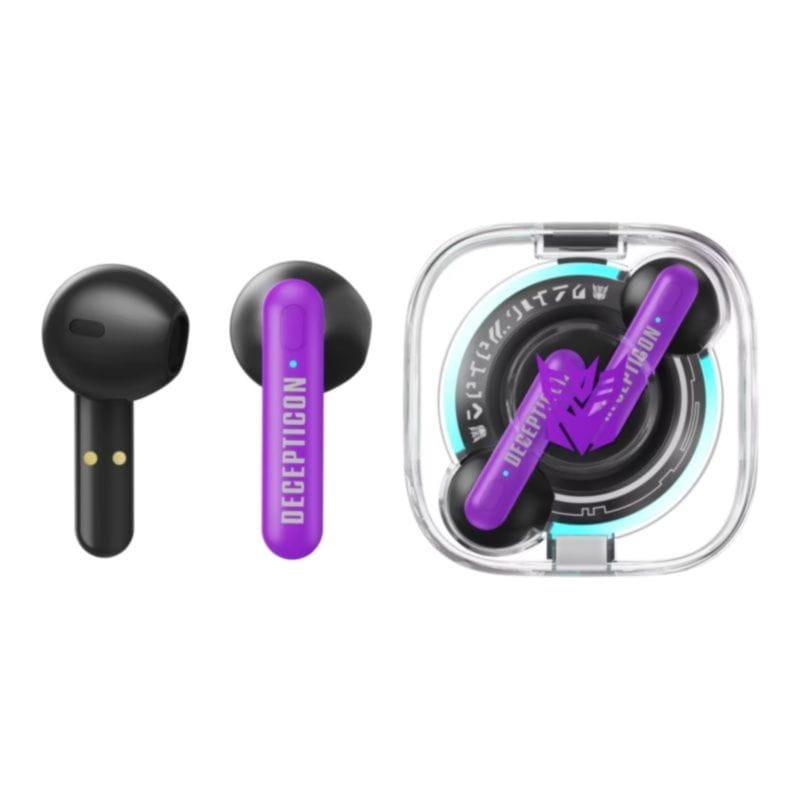 Auriculares TWS Transformers TF-T03 Púrpura junto al estuche de carga