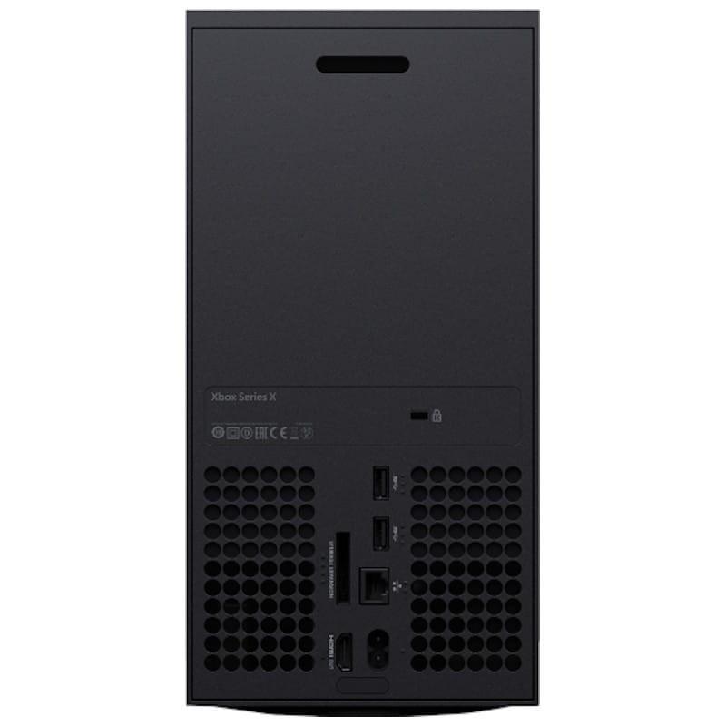 Parte trasera de Xbox Series X 1TB Negro Renovado Estado Excelente con rejillas de ventilación, puertos USB, HDMI, Ethernet y alimentación visibles