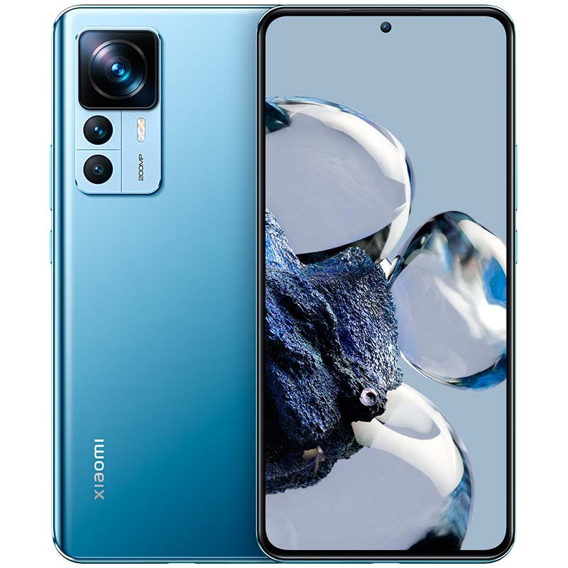 Xiaomi 12T Pro azul, frontal con pantalla amplia y perforación centrada, trasera con triple cámara y módulo prominente, acabado metálico, 12GB RAM 256GB ROM