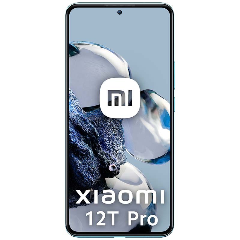 Xiaomi 12T Pro 12GB/256GB Azul reacondicionado oficial con pantalla completa sin marcos, cámara frontal en orificio central y logo Mi en fondo abstracto