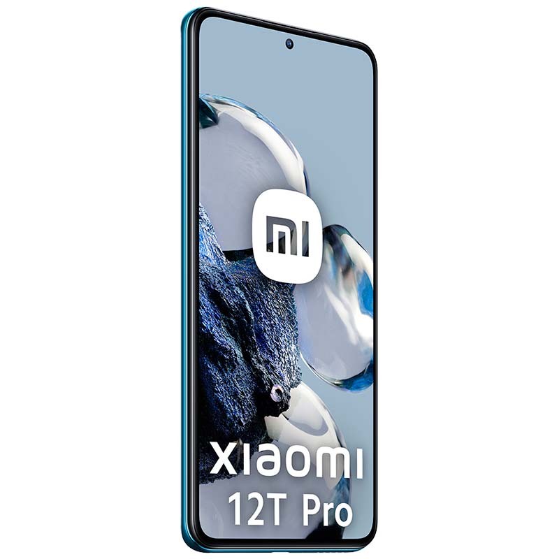 Xiaomi 12T Pro azul reacondicionado oficial, pantalla amplia con cámara frontal centrada y bordes finos, texto Xiaomi 12T Pro destacado en la parte baja