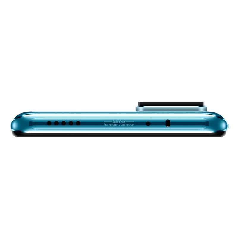 Borde superior azul del Xiaomi 12T Pro con altavoces y micrófonos alineados, marco metálico brillante y módulo de cámara trasera sobreelevado