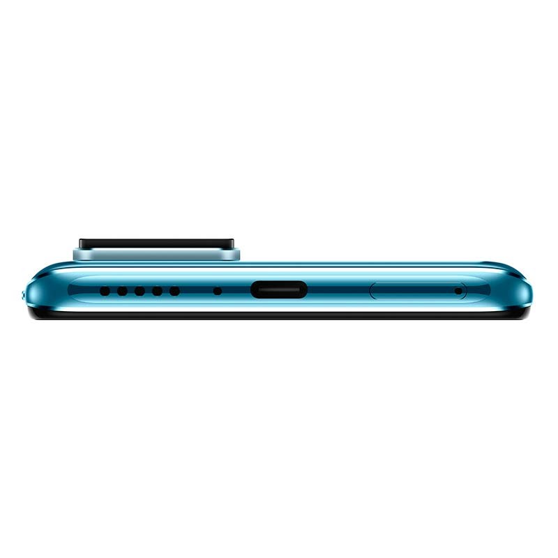Xiaomi 12T Pro azul visto de canto con módulo de cámara elevado, borde metálico brillante, rejillas de altavoz y puerto USB-C centrado; reacondicionado