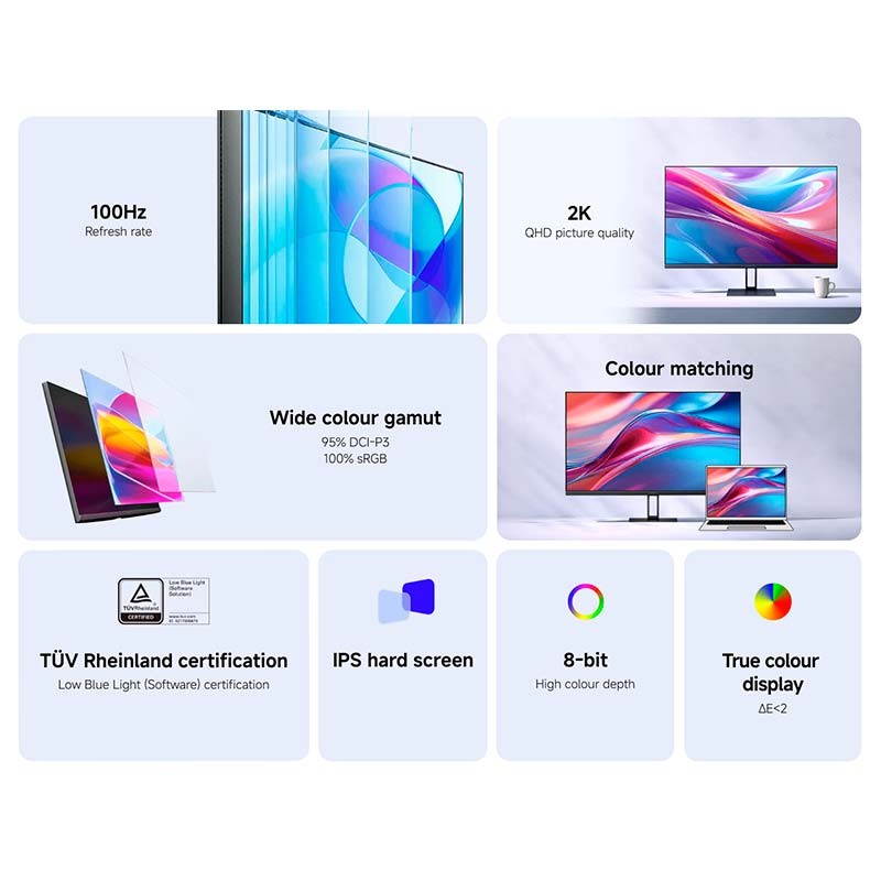 Monitor Xiaomi 2K A27Qi de 27 pulgadas IPS LCD, 100Hz, 6ms GTG, gama amplia 95% DCI-P3 y 100% sRGB, 8 bits, baja luz azul y calibración precisa ΔE<2