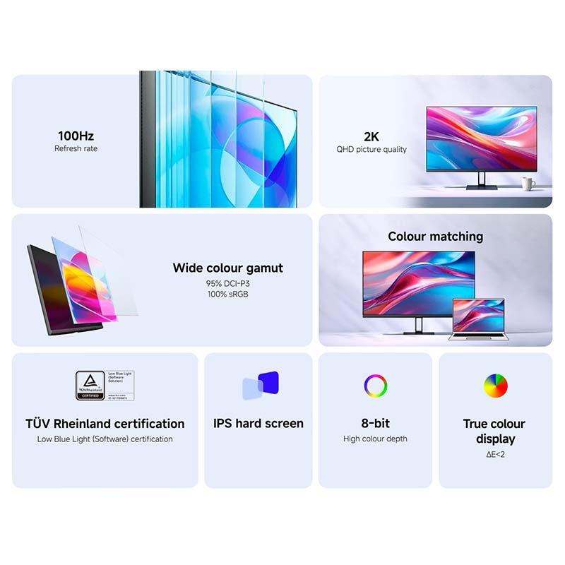 Monitor Xiaomi 2K A27Qi de 27 pulgadas IPS LCD, 100Hz, 6ms GTG, gama amplia 95% DCI-P3 y 100% sRGB, 8 bits, baja luz azul y calibración precisa ΔE<2