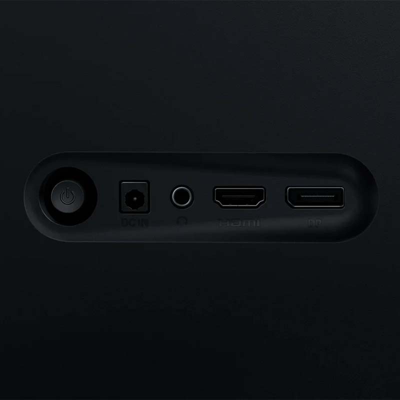 Panel trasero del monitor con botón de encendido, puerto DCIN, salida de audio, HDMI y DisplayPort en acabado negro mate