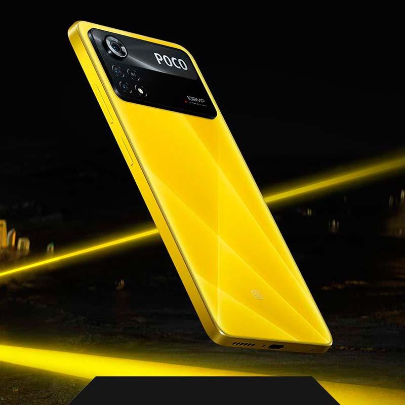 Xiaomi Poco X4 Pro 5G amarillo con acabado brillante, módulo de cámara rectangular negro, logo POCO destacado y bordes curvos. Reacondicionado Oficial.