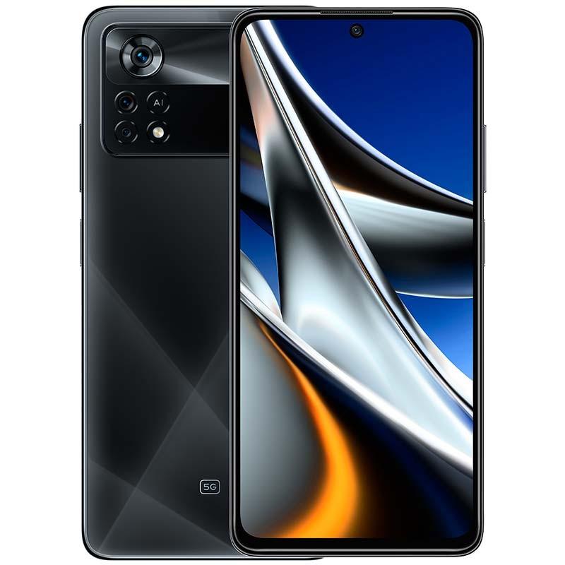 Xiaomi Poco X4 Pro 5G 6GB 128GB Preto Oficial Refurbished com tela ampla perfurada, traseira preta com padrão geométrico e módulo triplo de câmeras com