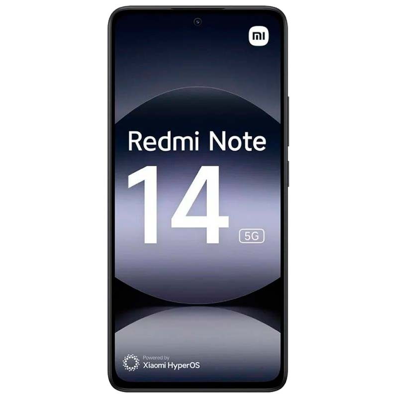 Xiaomi Redmi Note 14 5G negro con pantalla completa, biseles finos y cámara frontal en orificio central; texto Redmi Note 14 5G visible en display