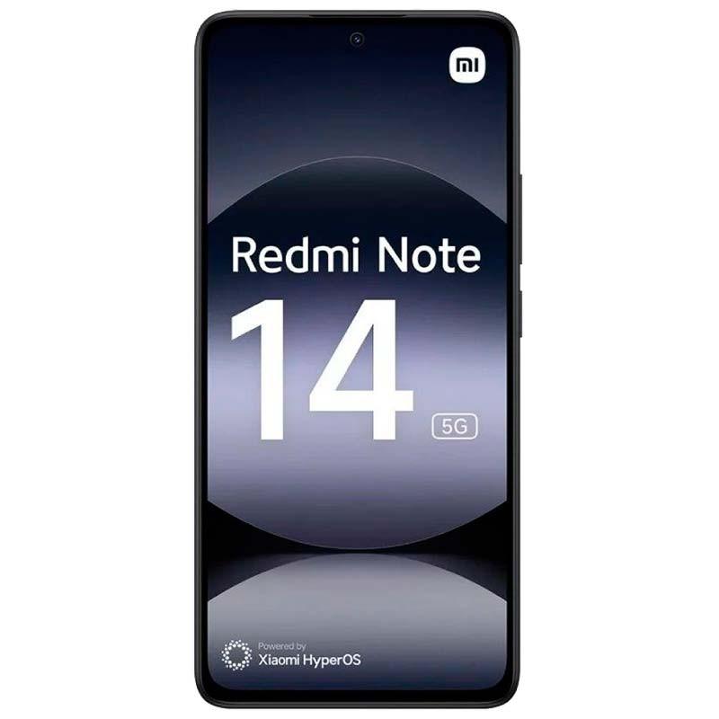 Xiaomi Redmi Note 14 5G negro con pantalla completa, biseles finos y cámara frontal en orificio central; texto Redmi Note 14 5G visible en display