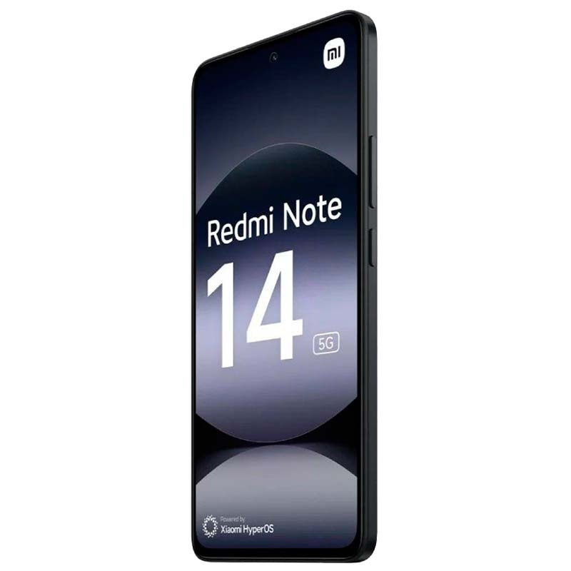 Xiaomi Redmi Note 14 5G 12GB/512GB negro con pantalla grande de bordes delgados, cámara frontal en orificio central y marco fino en acabado mate elegante