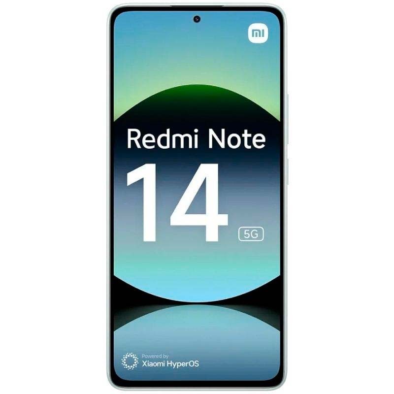 Xiaomi Redmi Note 14 5G verde con pantalla OLED FHD+ de 6.67 pulgadas, biseles finos, cámara frontal en orificio central y logo mi en la esquina superior