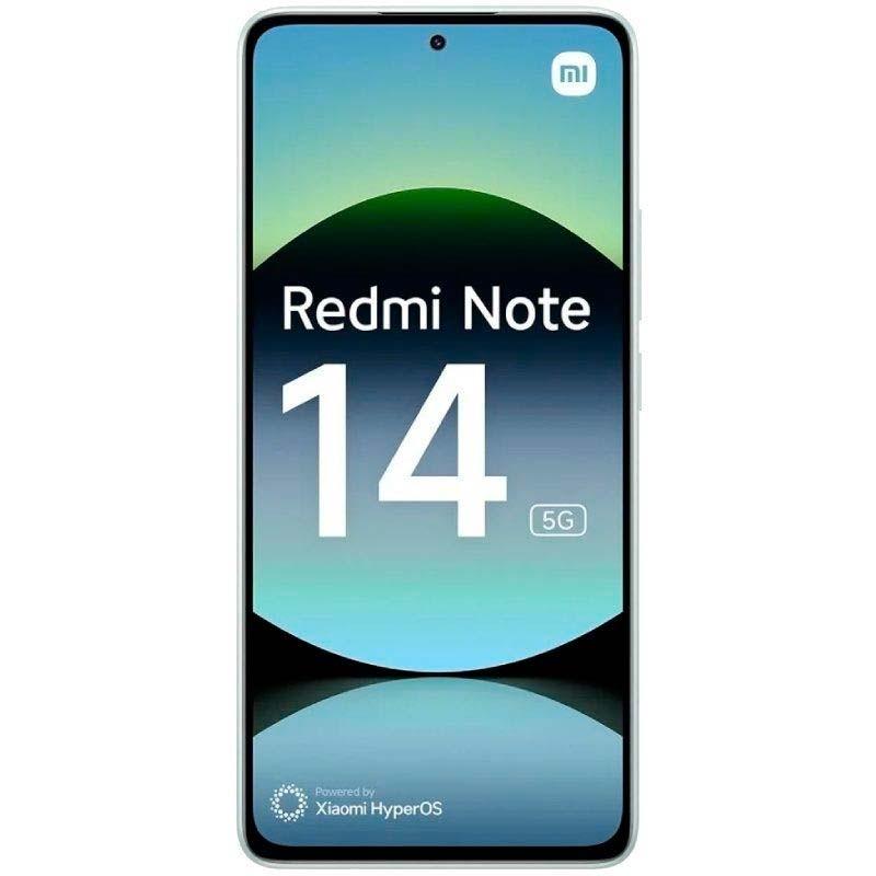 Xiaomi Redmi Note 14 5G verde con pantalla OLED FHD+ de 6.67 pulgadas, biseles finos, cámara frontal en orificio central y logo mi en la esquina superior