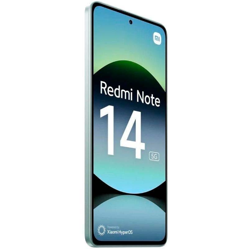 Xiaomi Redmi Note 14 5G verde con pantalla OLED FHD+ de 6.67 pulgadas, borde fino, cámara frontal en agujero central y acabado lateral metálico