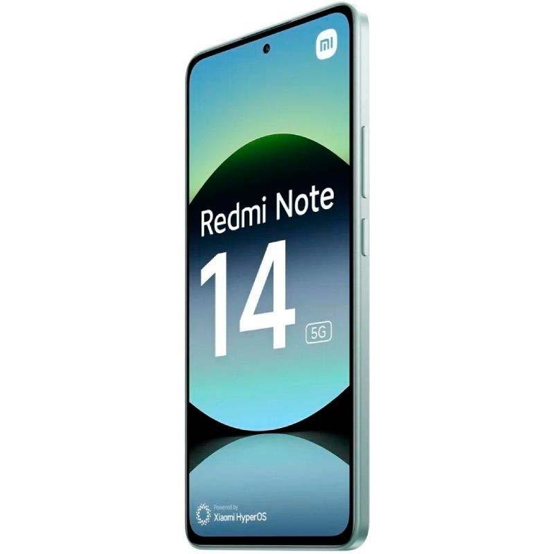 Xiaomi Redmi Note 14 5G verde con pantalla OLED FHD+ 6.67 pulgadas, biseles finos, agujero central para la cámara y botones laterales en el marco