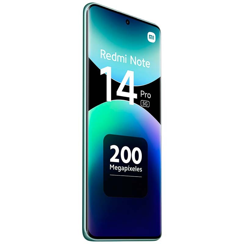 Xiaomi Redmi Note 14 Pro 5G dorado con pantalla 1.5K, cámara de 200 Mpx destacada en el frontal, diseño delgado con bordes curvos y perforación central