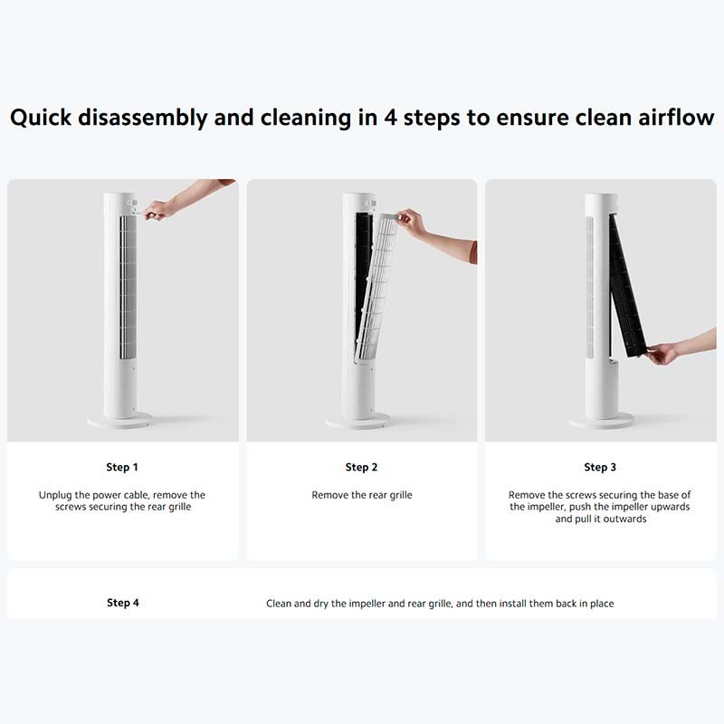 Xiaomi Smart Tower Fan 2 - pasos de limpieza
