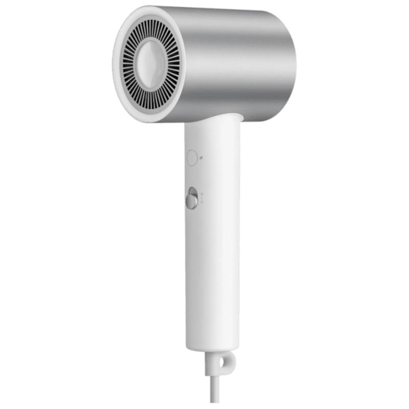 Xiaomi Water Ionic Hair Dryer H500 secador compacto gris y blanco con cuerpo cilíndrico, rejilla circular metálica y cable inferior; diseño minimalista y
